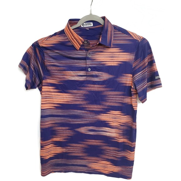 Raised By Coyotes Polo Shirt Mens Medium Purple Orange Striped Golf Performance - Picture 1 of 7